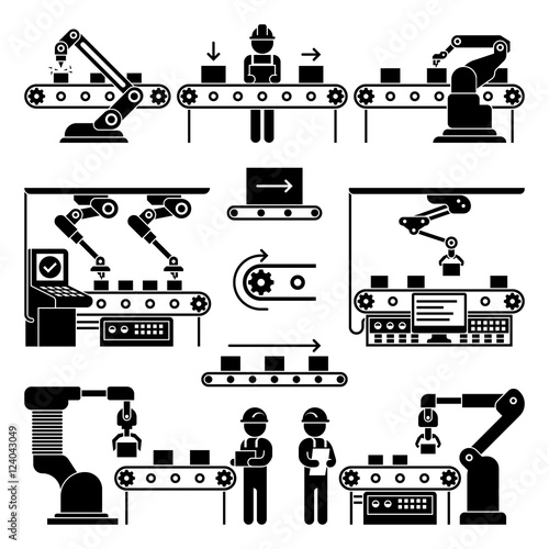 Conveyor production manufacturing line and workers vector icons