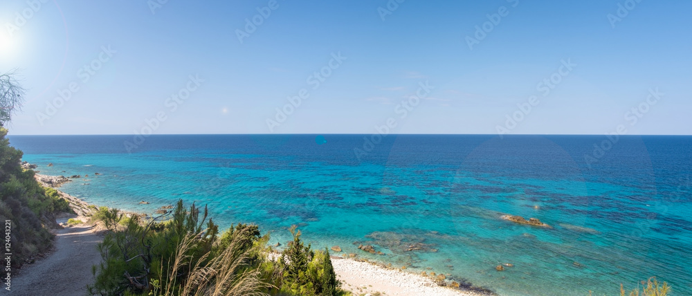 Panoramic view of deserted beaches on the island of Lefkada, Gre