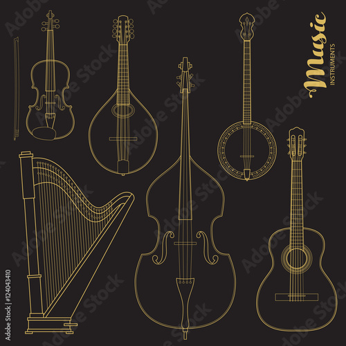 Vector string music instruments. Stylized geometric flat line illustration musical kit for icon, banner, poster, flyer design. Violin, Contrabass, mandolin, guitar, banjo and harp illustration set. 