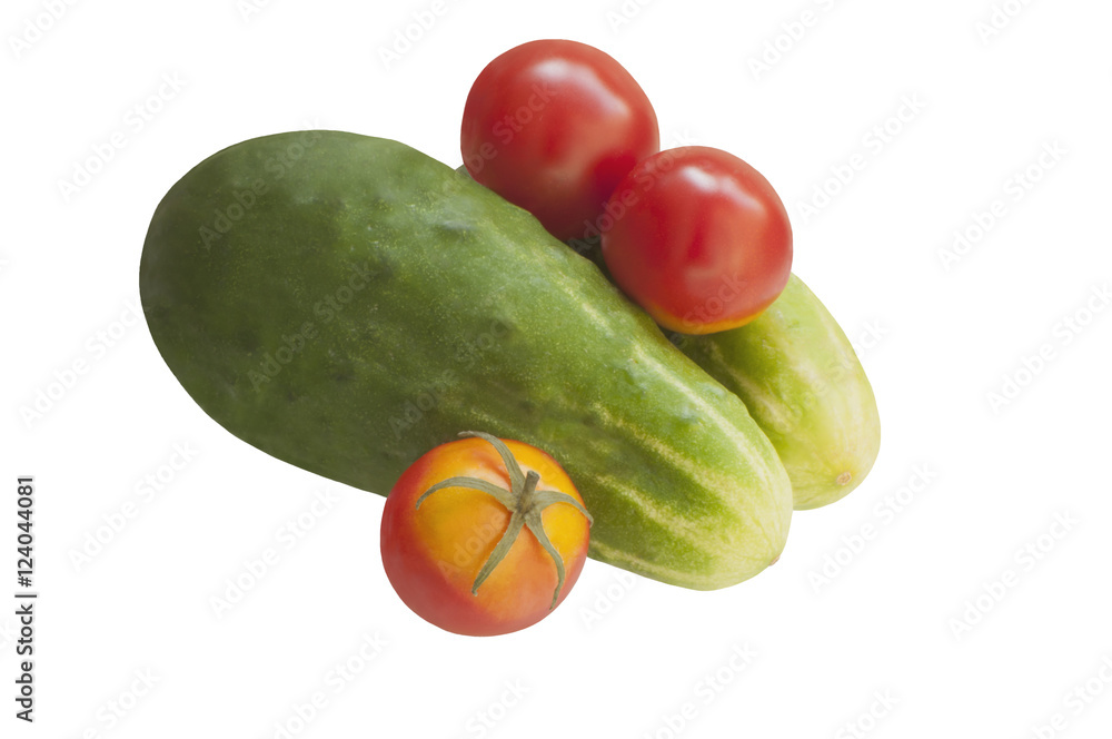 Cucumbers and tomatoes, isolated on white background Cucumbers and tomatoes, isolated on white background