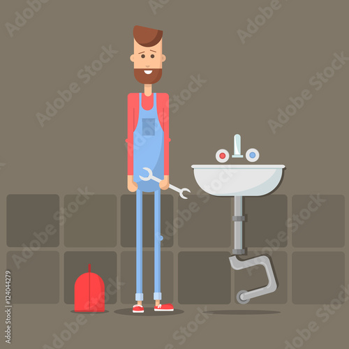 Plumber repairing faucet. Flat design vector illustration of plumber working in bathroom.