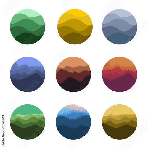 Isolated abstract colorful round shape wild nature silhouettes logo set. Natural environment logotypes collection. Beautiful landscapes icons. Vector illustration.