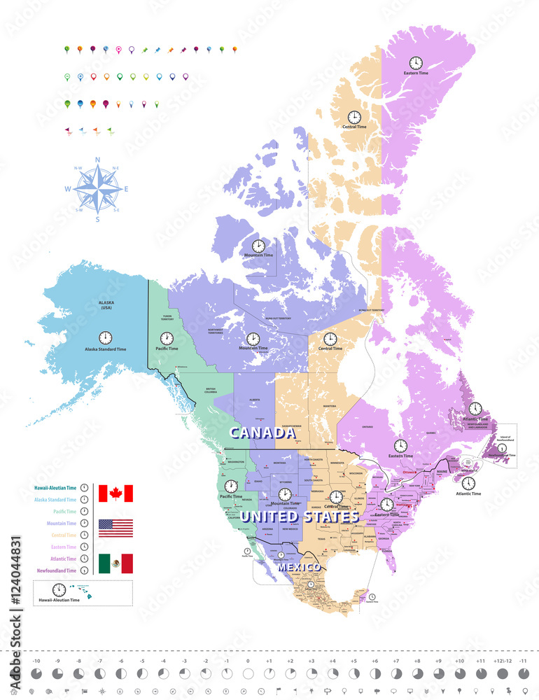 Canada, United States and Mexico time zones map. All elements separated in detached and labeled layers. Vector