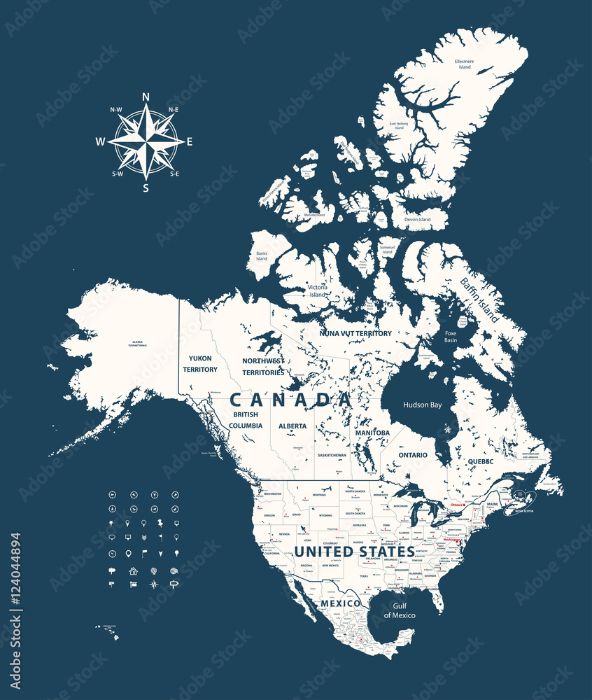 Canada, United States and Mexico vector map with states borders on dark ...