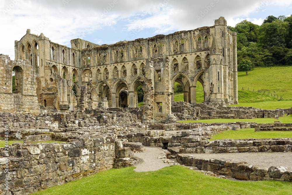 Ruins of the medieval Cistercian Rievaulx Abbey near the market town of Helmsley in North Yorkshire, England