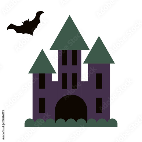 Dark gloomy castle and flying bat vector flat style icon. Spooky cartoon chateau icon. © YoPixArt