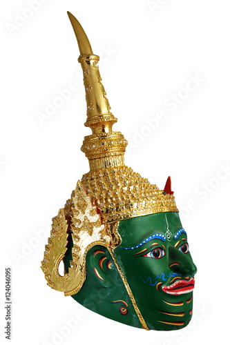 Indra Thai tradition Khon mask head, charactor when he was a king with white isolated background