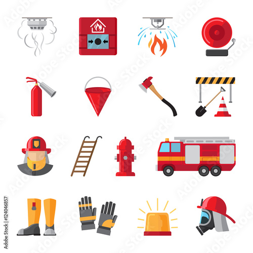 Firefighting and fire safety equipment flat icons. Light buzzer and fire detector, fire station and hydrant. Vector illustration