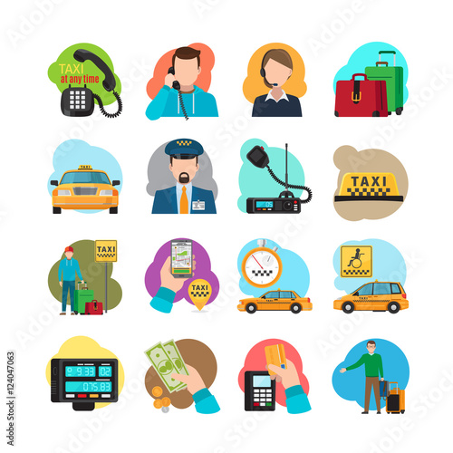 Taxi cartoon icons. Taxi passenger and driver, taxi orange sedan and yellow cab vector illustration