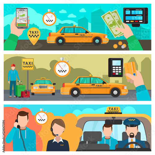 Taxi banners. City taxi transportation service vector illustration