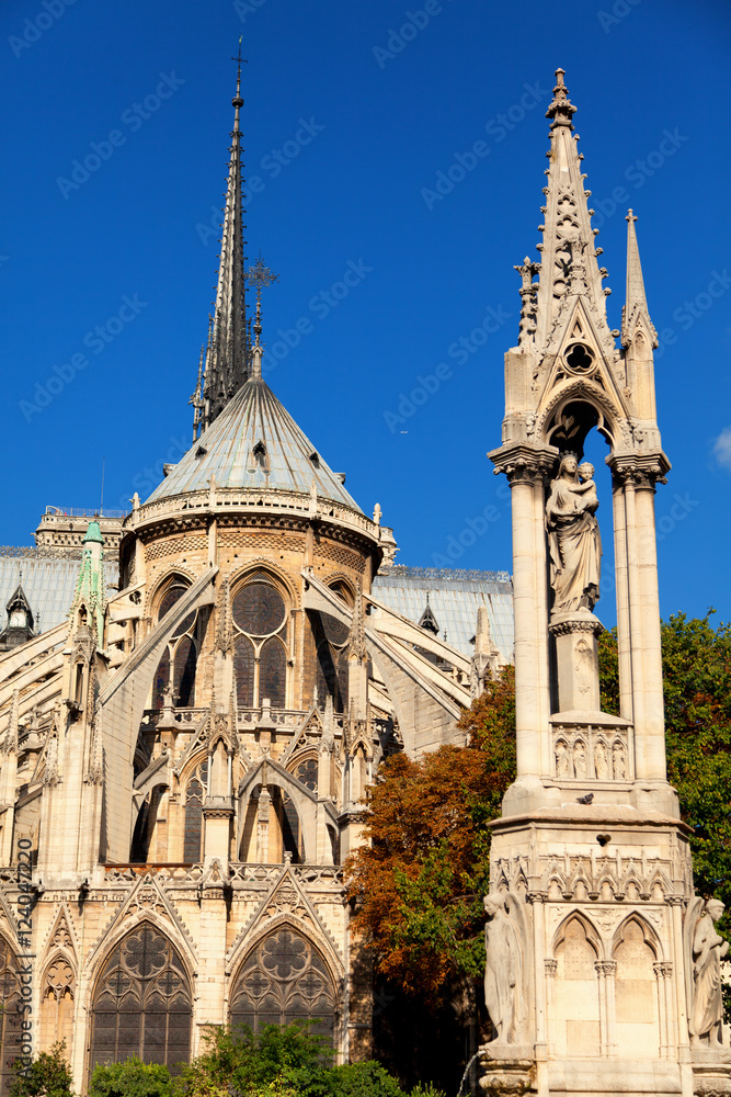 Notre Dame from Square du Jean XXIII, Paris. Close up, detail on