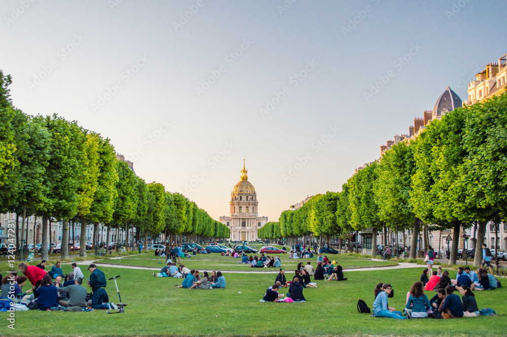Naklejka premium Krajowa rezydencja inwalidów i osób siedzących na trawie w Paryżu we Francji