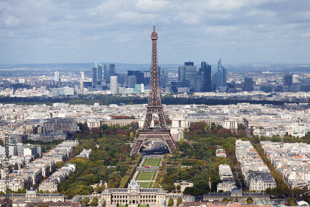 Eiffel tower as seen from Montparnasse Tower. La Defense busines