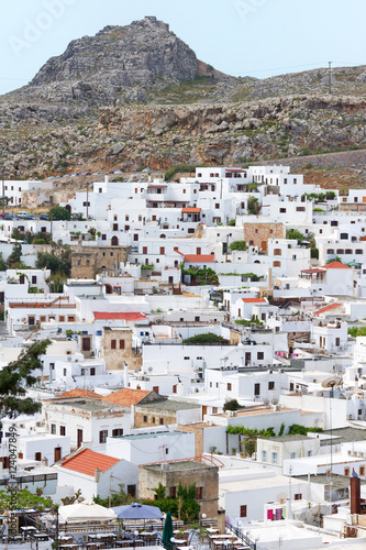 Panorama of Lindos town in Rhodes island, Greece. Shot at dusk