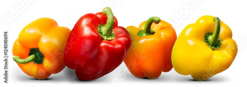 Group of multi colored bell peppers isolated on white background.