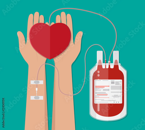 blood bag and hand of donor with heart. donation