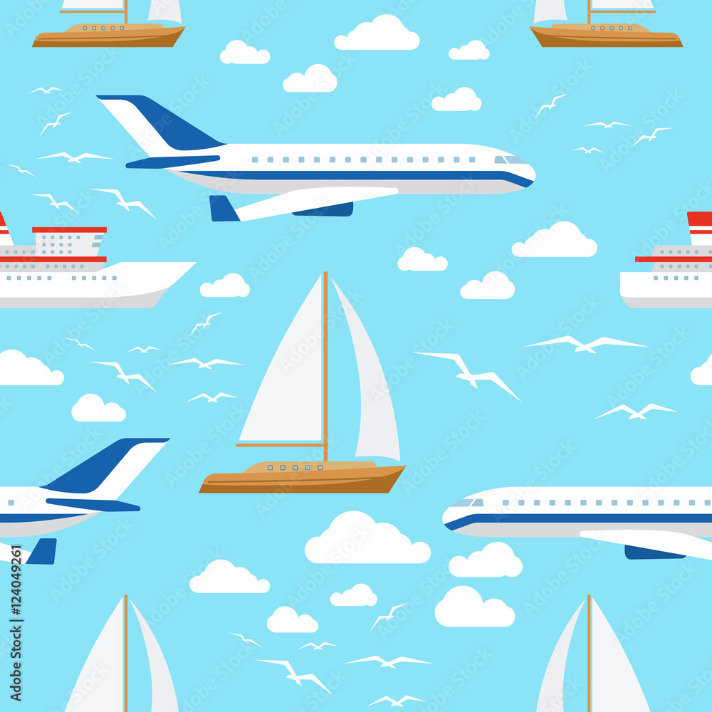 Vector seamless pattern with transport with cloud and gull Vector seamless pattern with transport with cloud and gull