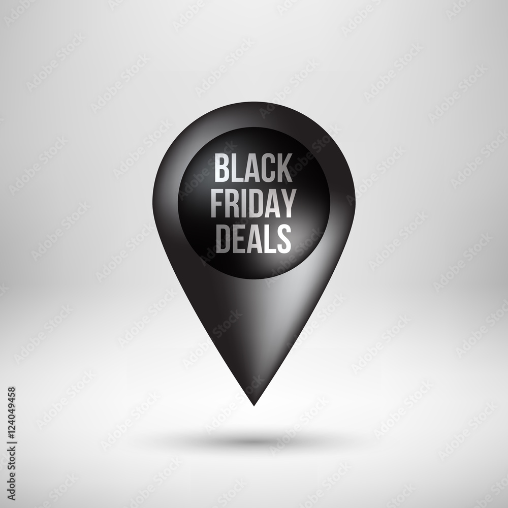 Black abstract premium map pointer, luxury badge, gps button with black deals text, realistic shadow and light background for logo, design concepts, banners, apps and prints. Vector illustration Black abstract premium map pointer, luxury badge, gps button with black deals text, realistic shadow and light background for logo, design concepts, banners, apps and prints. Vector illustration