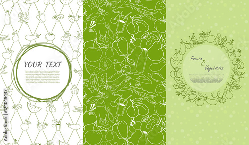 Hand drawn set of design elements. Seamless patterns and backgrounds for organic and healthy food packaging - green labels and emblems for vegetarian products.