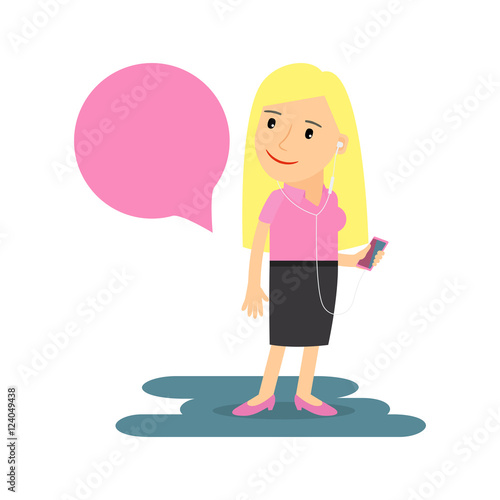 Cartoon illustration, blonde woman in pink blouse listening music with headphones and phone. Vcetor illustration