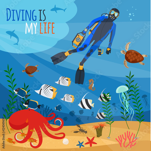 Diving is my life illustration. Diver underwater vector illustration