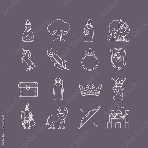 Fairy tale thin line art white icon set. Vector illustration