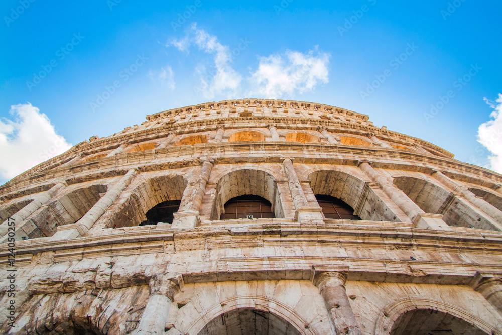 Detail exterior of the Flavian Amphitheatre Colosseum, in Rome, Italy 