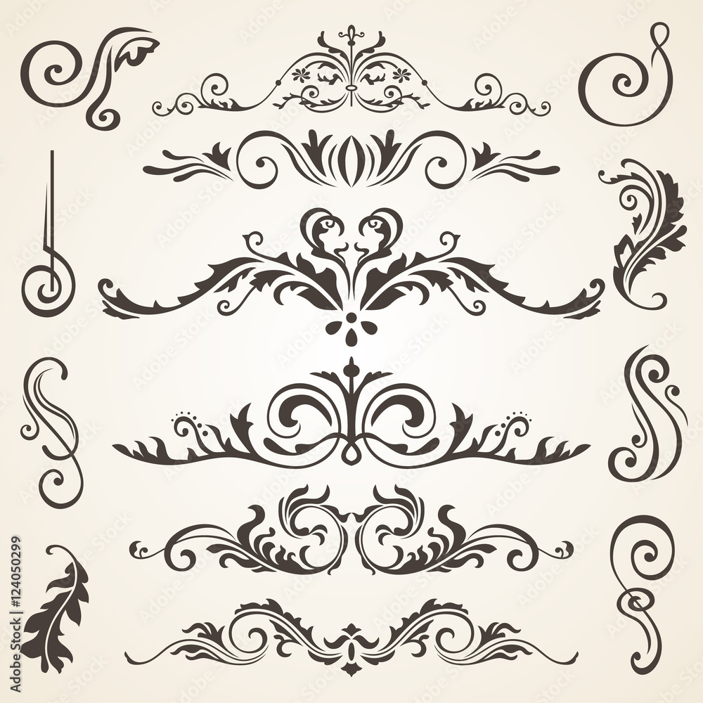 Calligraphic design elements and page decoration. Vector set to embellish your layout