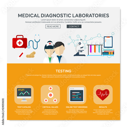 One page web design template of medical diagnostics, genetics experiments, future medicine research laboratory. Flat design graphic hero image concept, website elements layout.