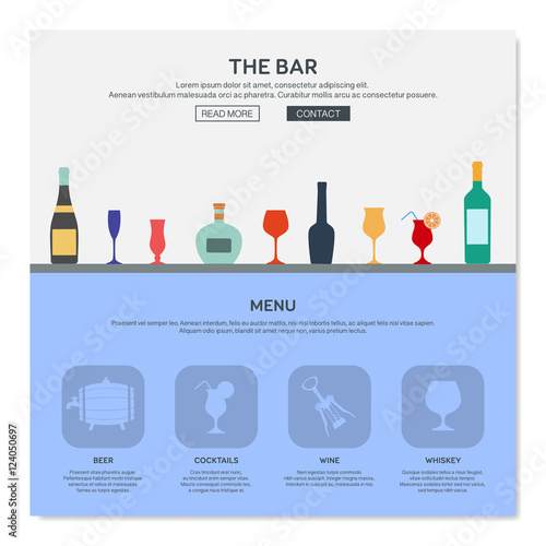 One page web design template of local bar counter, small town pub building, various alcohol bottles with glasses. Flat design graphic hero image concept, website elements layout.