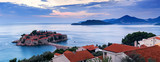 Sveti Stefan island at sunrise. Adriatic sea, Montenegro