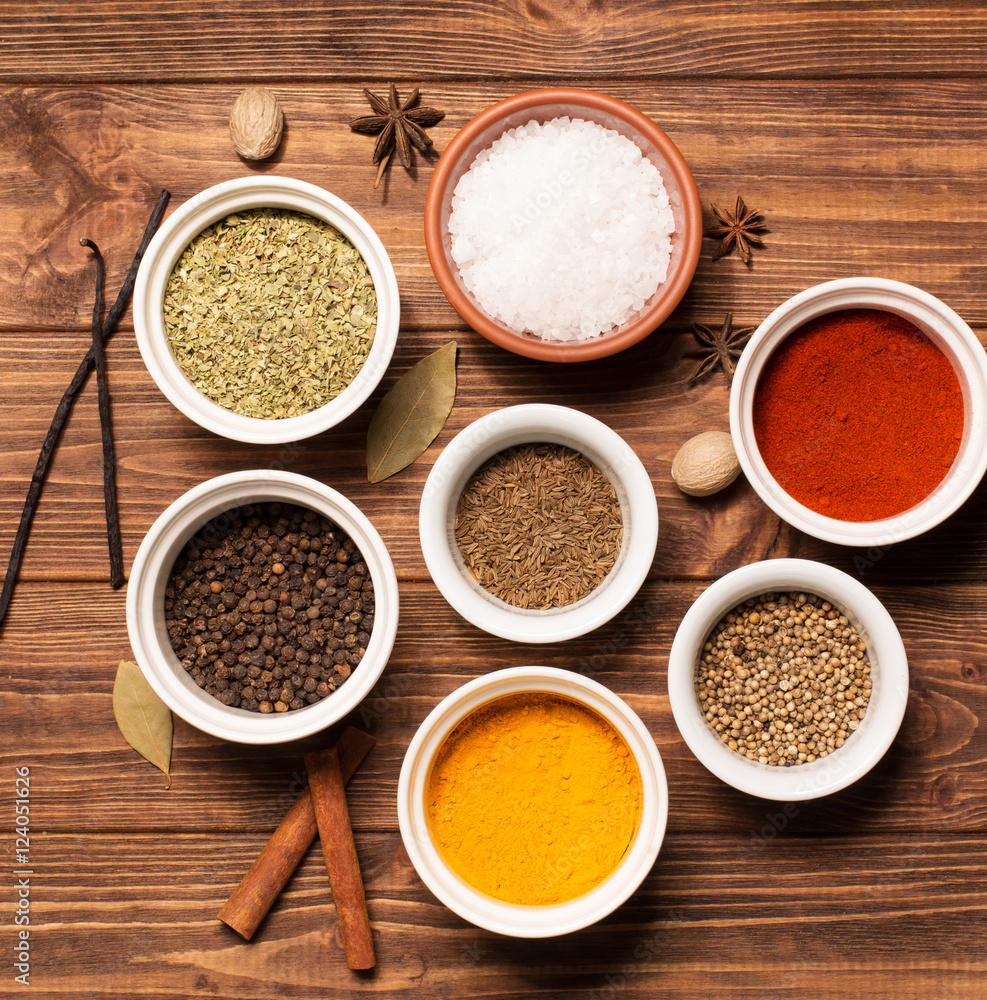 Spices on brown rustic wooden background, soft focus, square
Spices on brown rustic wooden background, soft focus, square