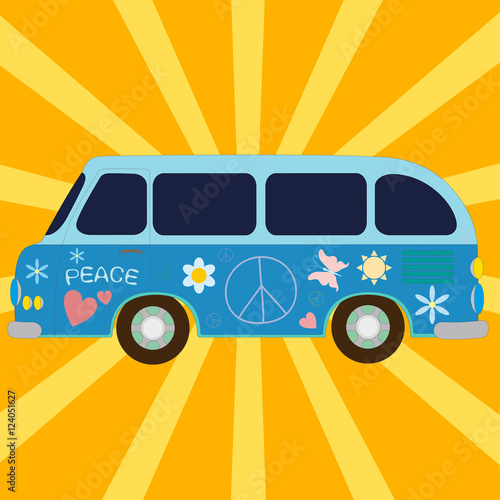 Vintage van painted of hippie symbols