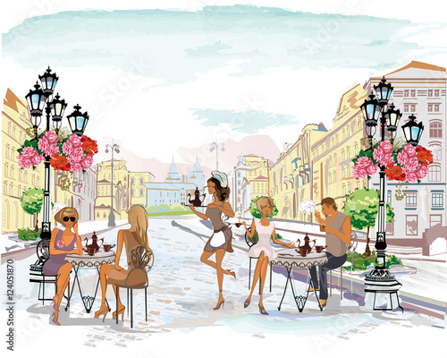 Series of the street cafes with people, men and women, in the old city, watercolor vector illustration.