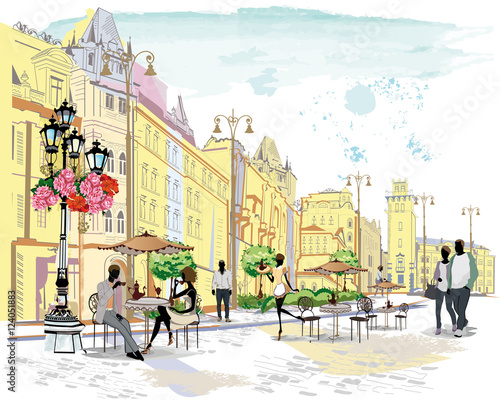 Series of the street cafes with people, men and women, in the old city, watercolor vector illustration.
