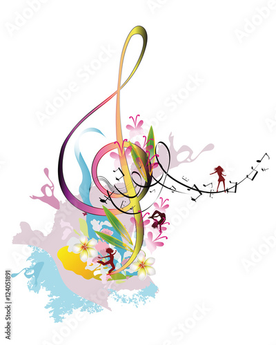 Abstract watercolor treble clef with splashes and dancing people.
