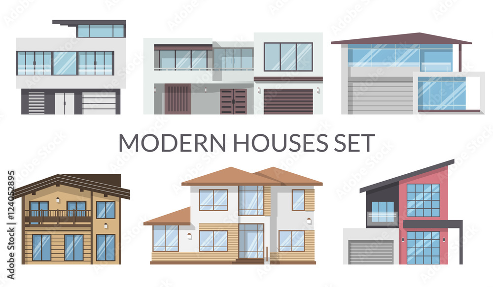 Modern houses set, real estate signs in flat style. Vector illustration.