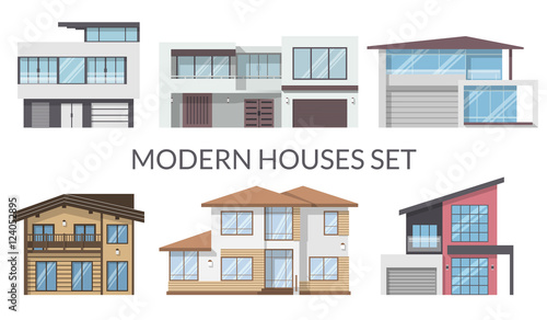 Modern houses set, real estate signs in flat style. Vector illustration.