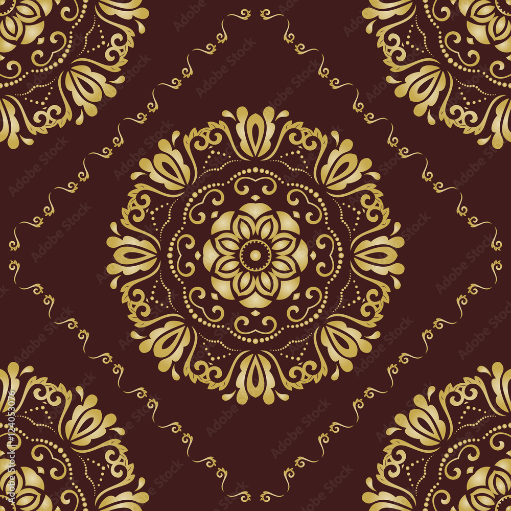 Damask vector classic brown and golden pattern. Seamless abstract background with repeating elements