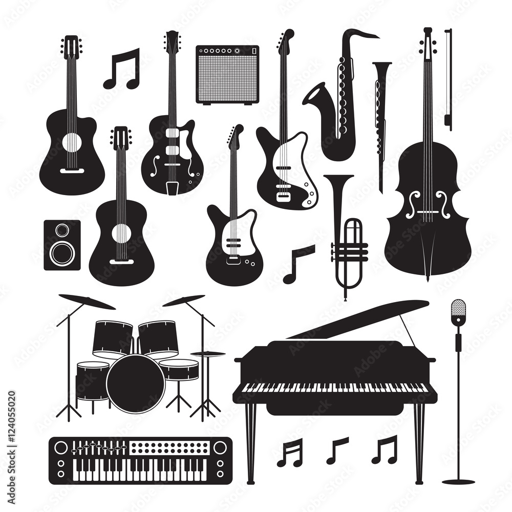 Fototapeta premium Jazz Music Instruments Silhouette Objects Set, Black and White Symbol and Icons Vector