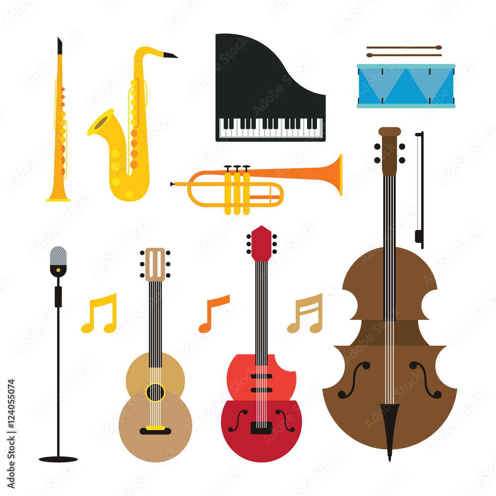 Jazz Music Instruments Objects Set, Flat Design Symbol and Icons Vector  Stock Vector | Adobe Stock