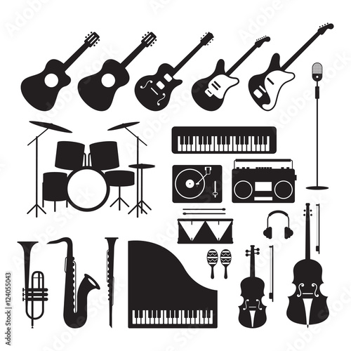 Music Instruments Silhouette Objects Set, Black and White Symbol and Icons Vector