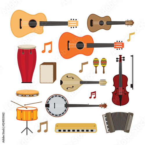 Music Instruments Acoustic Objects Set, Flat Design Symbol and Icons Vector