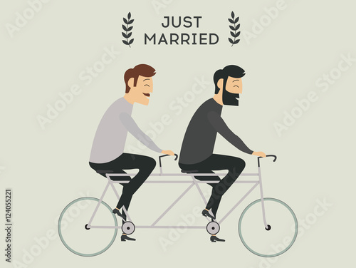 Just married gay wedding couple riding bicycle