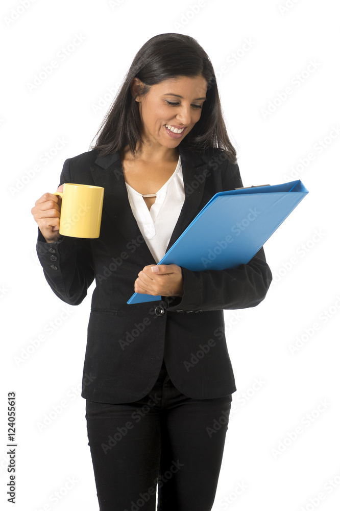 corporate portrait young attractive latin businesswoman happy holding folder and coffee corporate portrait young attractive latin businesswoman happy holding folder and coffee