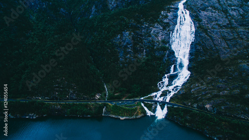 Summer mountain Langfoss waterfall on slope (Etne, Norway). Aeri photo