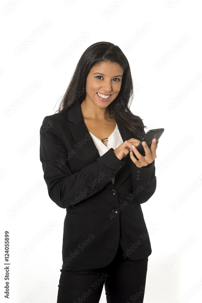 latin businesswoman in formal office suit smiling happy networking on mobile phone latin businesswoman in formal office suit smiling happy networking on mobile phone