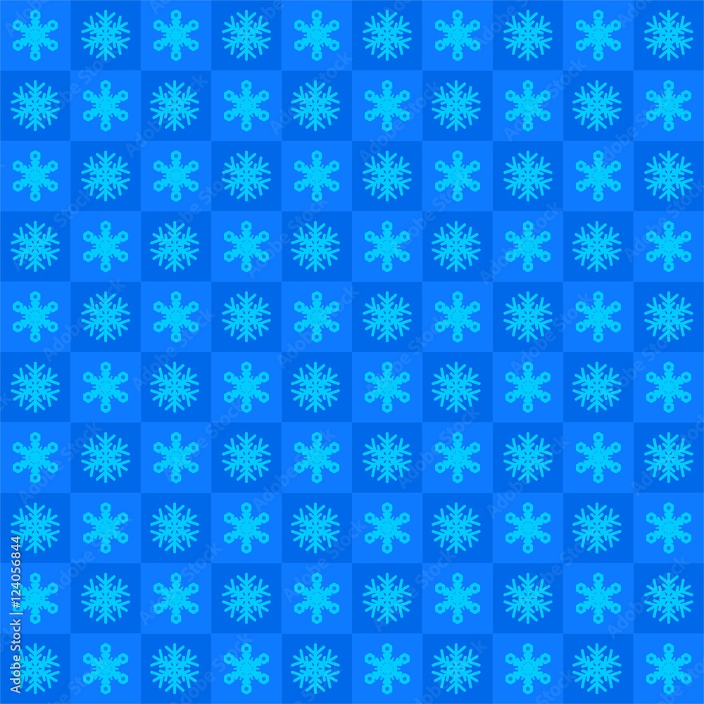 Winter blue background with snowflakes in blue squares in a row side by side and beneath. Christmas checkered background Winter blue background with snowflakes in blue squares in a row side by side and beneath. Christmas checkered background