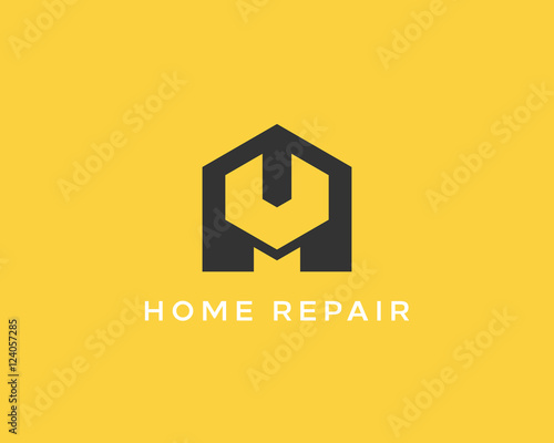 House repair service tool shop sign logotype. Creative idea wrench icon mechanic logo. Negative space symbol.