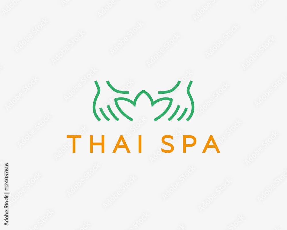 Fototapeta premium Hands lotus spa resort vector logotype.Creative beauty massage salon logo design.